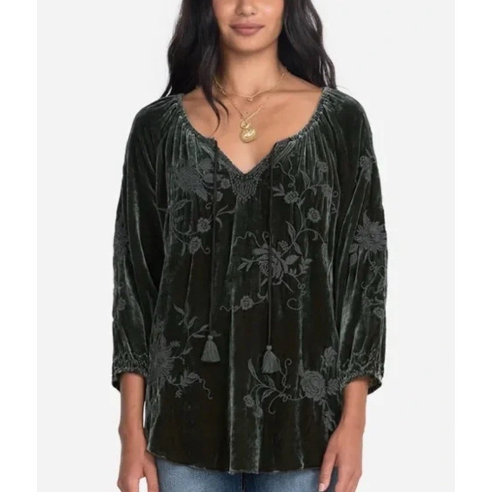 Johnny Was Millie Velvet Embroidered Silk Peasant Blouse‎ Whimsigoth Top Size XS